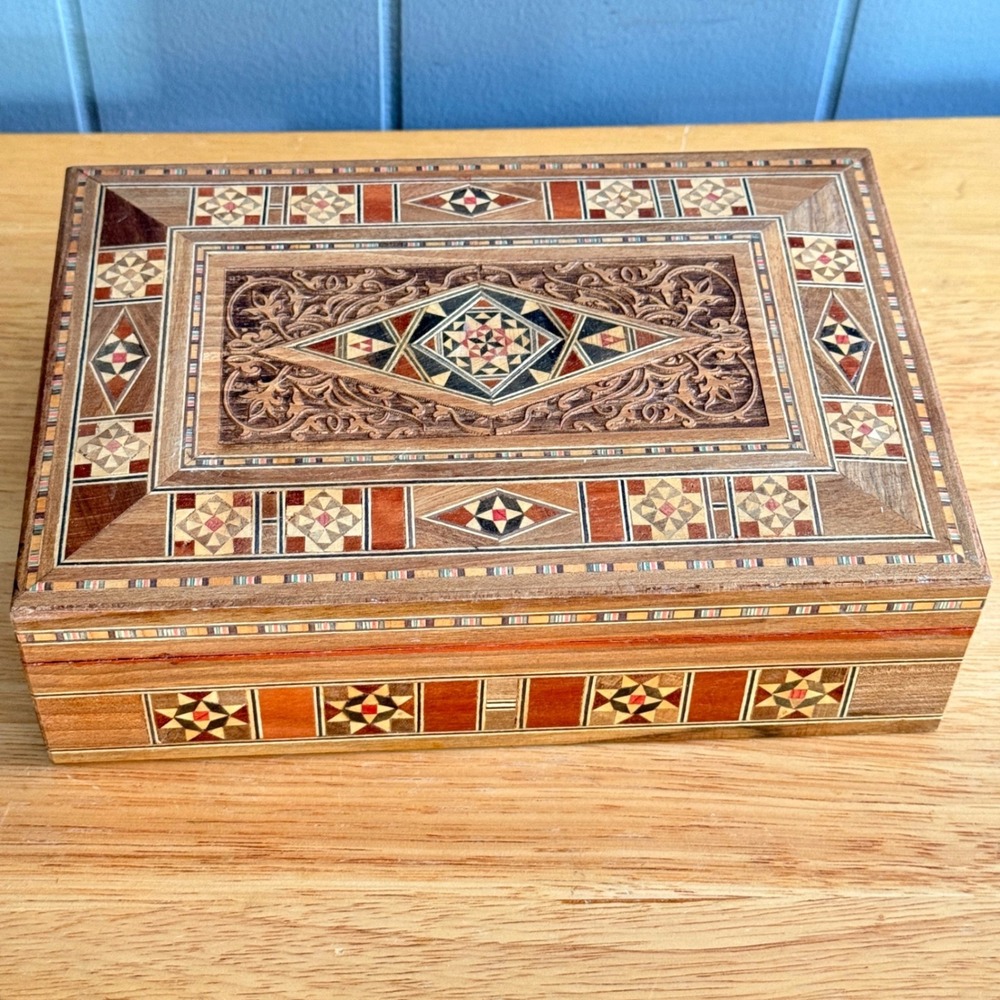 Arabian Mosaic Wooden Jewelry Trinket Box Marquetry Ornament Handmade Inlaid
